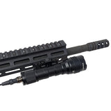 Star Fighter 1000 lumens black aluminum tactical weapon light with remote switch pad tailcap mounted on Picatinny rail on the right side of rifle - Star Tactical