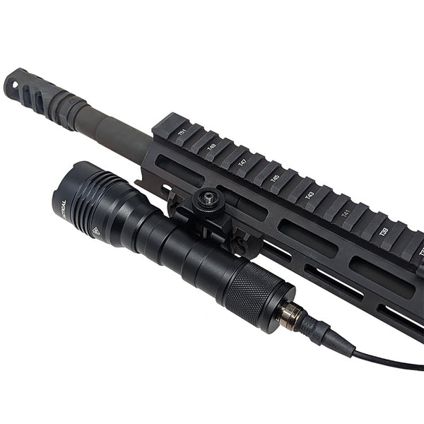 Star Fighter 1000 lumens black aluminum tactical long gun flashlight attached to Picatinny rail on the left side of rifle - Star Tactical